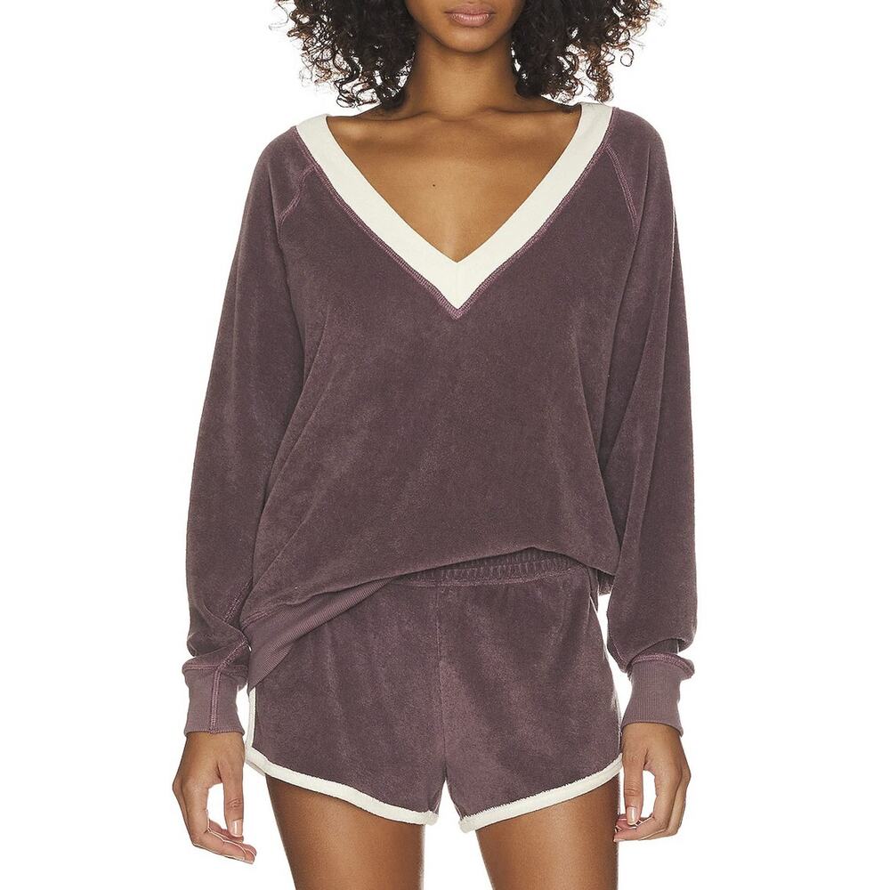 THE GREAT. Plum V-Neck Terry Skirt Set with Cream Trim